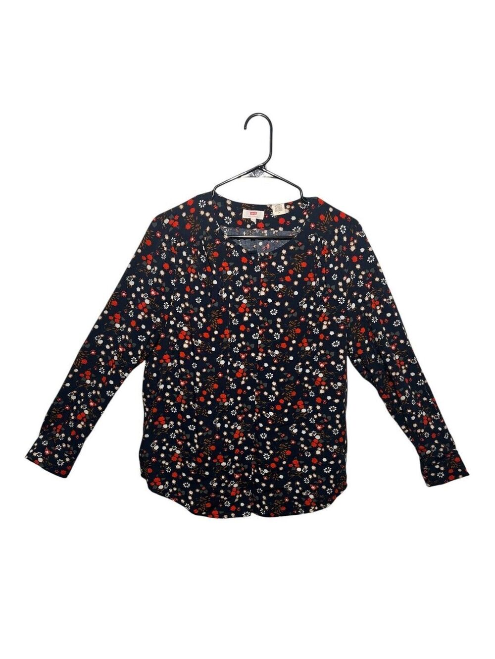 Levi's - Navy Floral Long Sleeve Button Front Blouse - Size Large